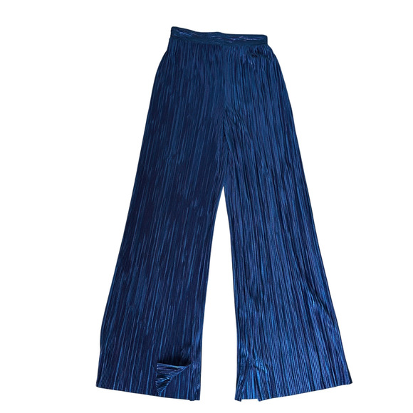 Sabina Musayev Metallic Blue Plisse Pants LARGE Split Hem Cocktail Wide Leg $230 - Picture 4 of 12